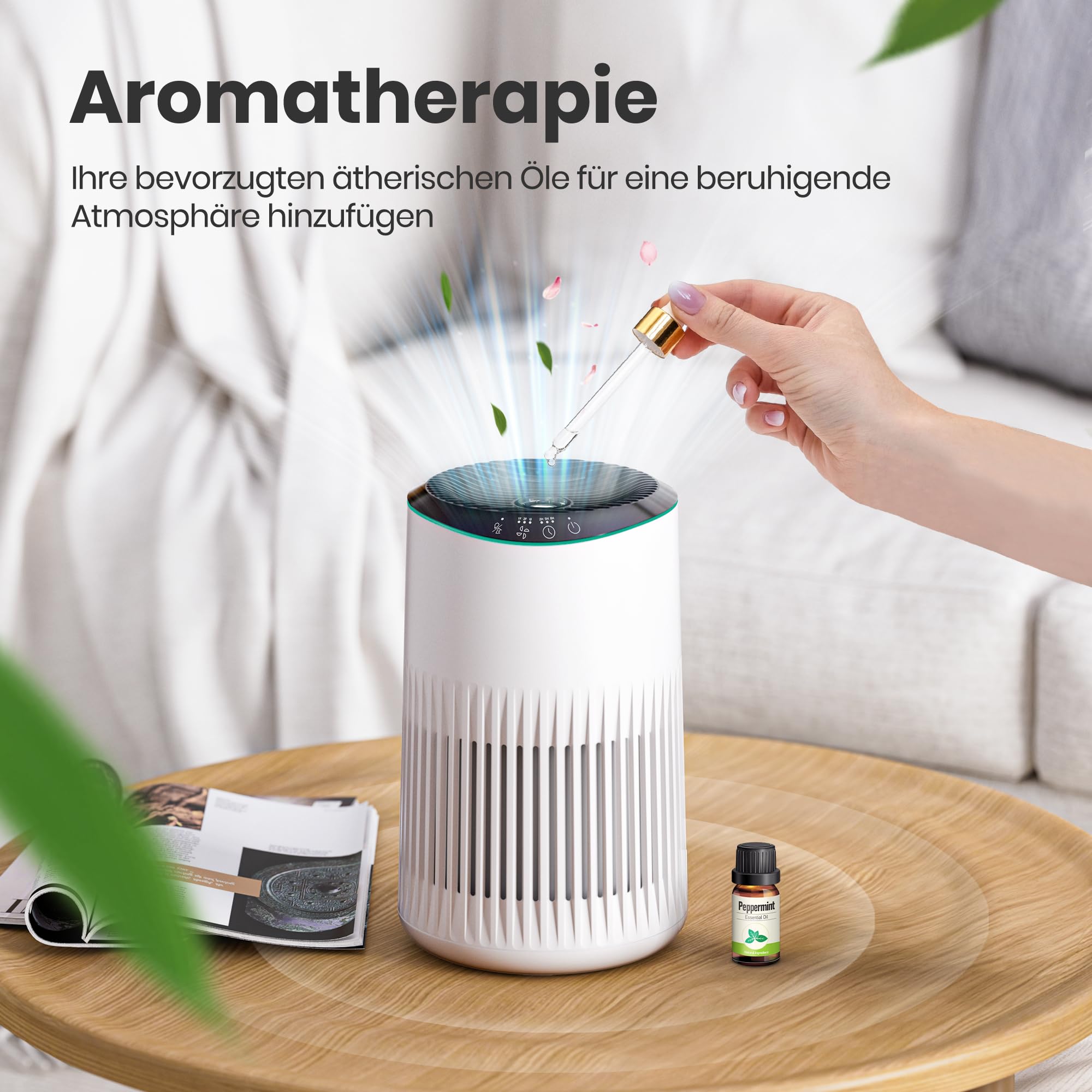 Operan Luftreiniger Allergiker für Zuhause Schlafzimmer Büro, HEPA Luftfilter Raucherzimmer für Rauch Haustier Schuppen Gerüche bis zu 0,3 µm, Schlafmodus Blaues Umgebungslicht mit Duftschwamm, White