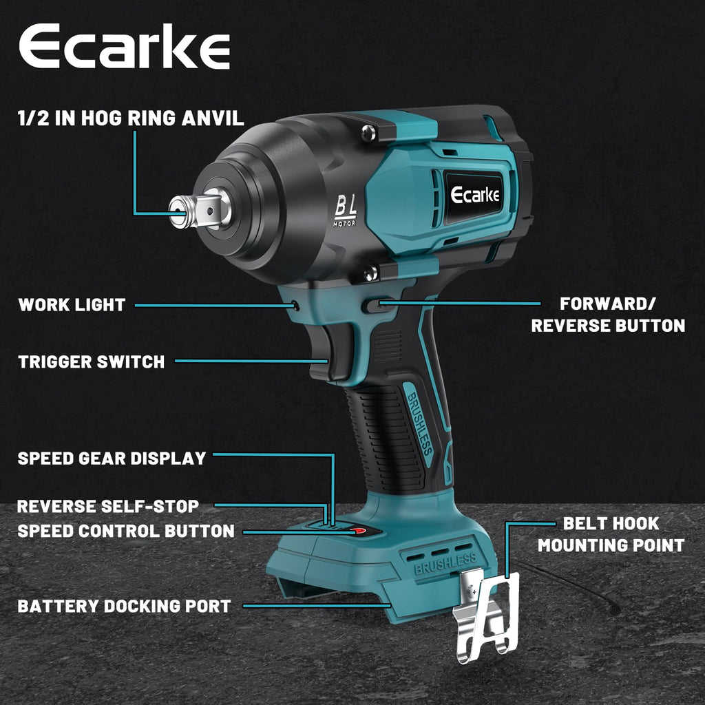 Ecarke 800Nm Akku Schlagschrauber Kompatibel mit Makita 18V Lithium-Akku, 1/2 Zoll Bürstenloser Schlagschrauber mit LED-Licht für Gerüstbau, Autoreifen und Automobilmontage (Ohne Akku und Ladegerät)