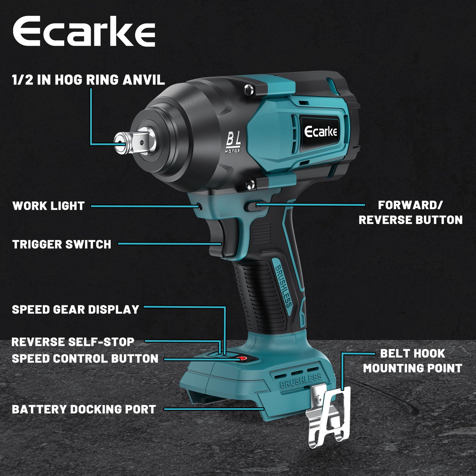 Ecarke 800Nm Akku Schlagschrauber Kompatibel mit Makita 18V Lithium-Akku, 1/2 Zoll Bürstenloser Schlagschrauber mit LED-Licht für Gerüstbau, Autoreifen und Automobilmontage (Ohne Akku und Ladegerät)