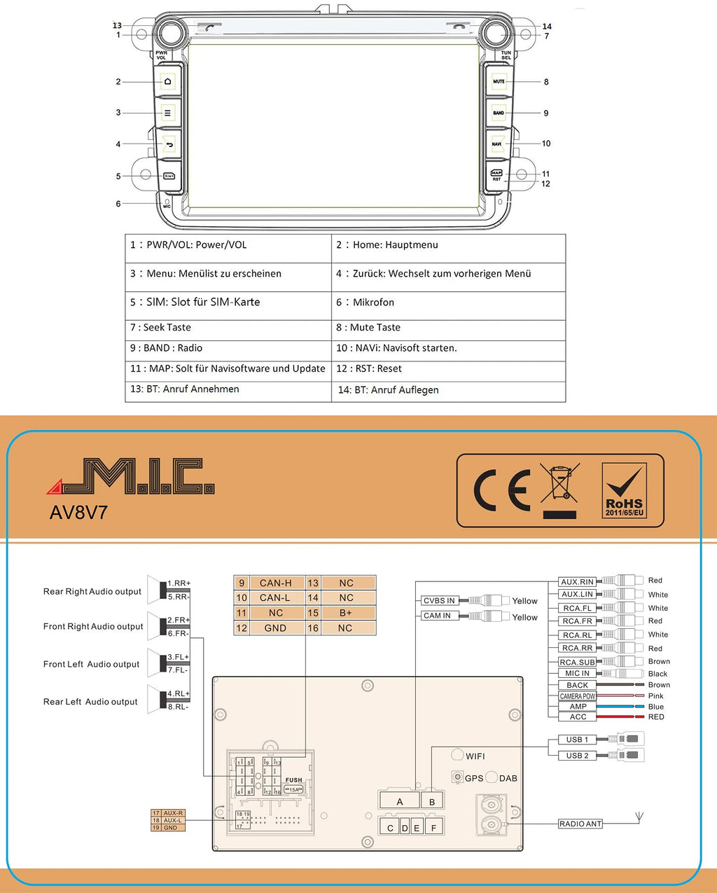 M.I.C. AV8V7 Android 13 Autoradio mit Navigation: Snapdragon 665, 4G+64GB, 8 Zoll IPS Display, SIM, Wireless Apple CarPlay & Android Auto, DAB+, CANBUS, GPS – für VW/ŠKODA/SEAT (RNS/RCD Ersatz)