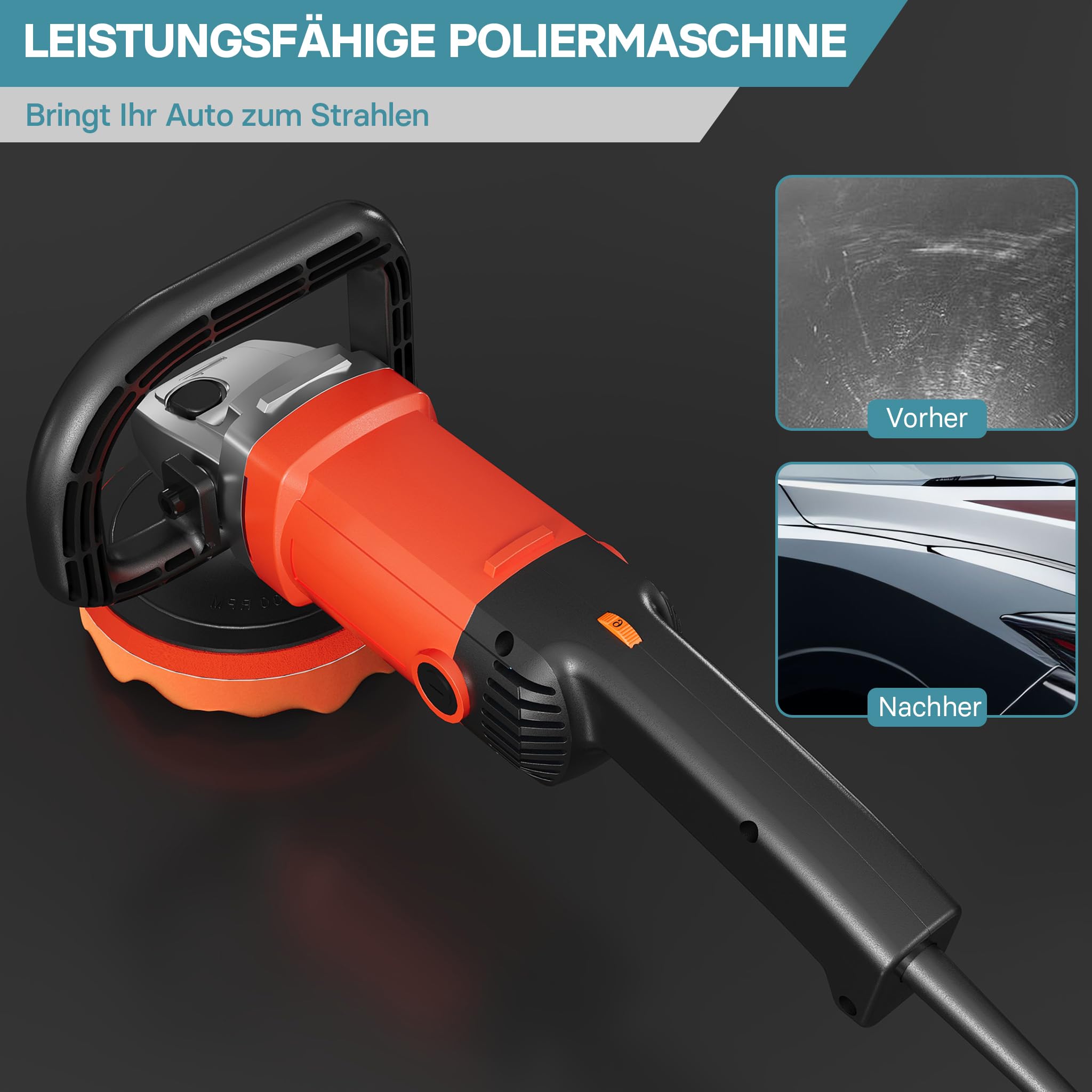 Wiltec Auto Poliermaschine Schleifmaschine 1200W bis 3000 U/min, Poliergerät mit 6 Stufen, mit Tasche und Zubehör, Tellerschleifer, Rotationsschleifer