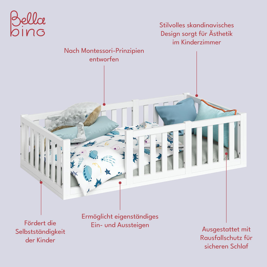 Bellabino Tapi Bett 80x160 cm, Kinderbett mit Rausfallschutz, inklusive Lattenrost, Montessori Bodenbett für Jungen und Mädchen aus Kiefer Massivholz, weiß lackiert, Bed