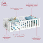 Bellabino Tapi Bett 80x160 cm, Kinderbett mit Rausfallschutz, inklusive Lattenrost, Montessori Bodenbett für Jungen und Mädchen aus Kiefer Massivholz, weiß lackiert, Bed