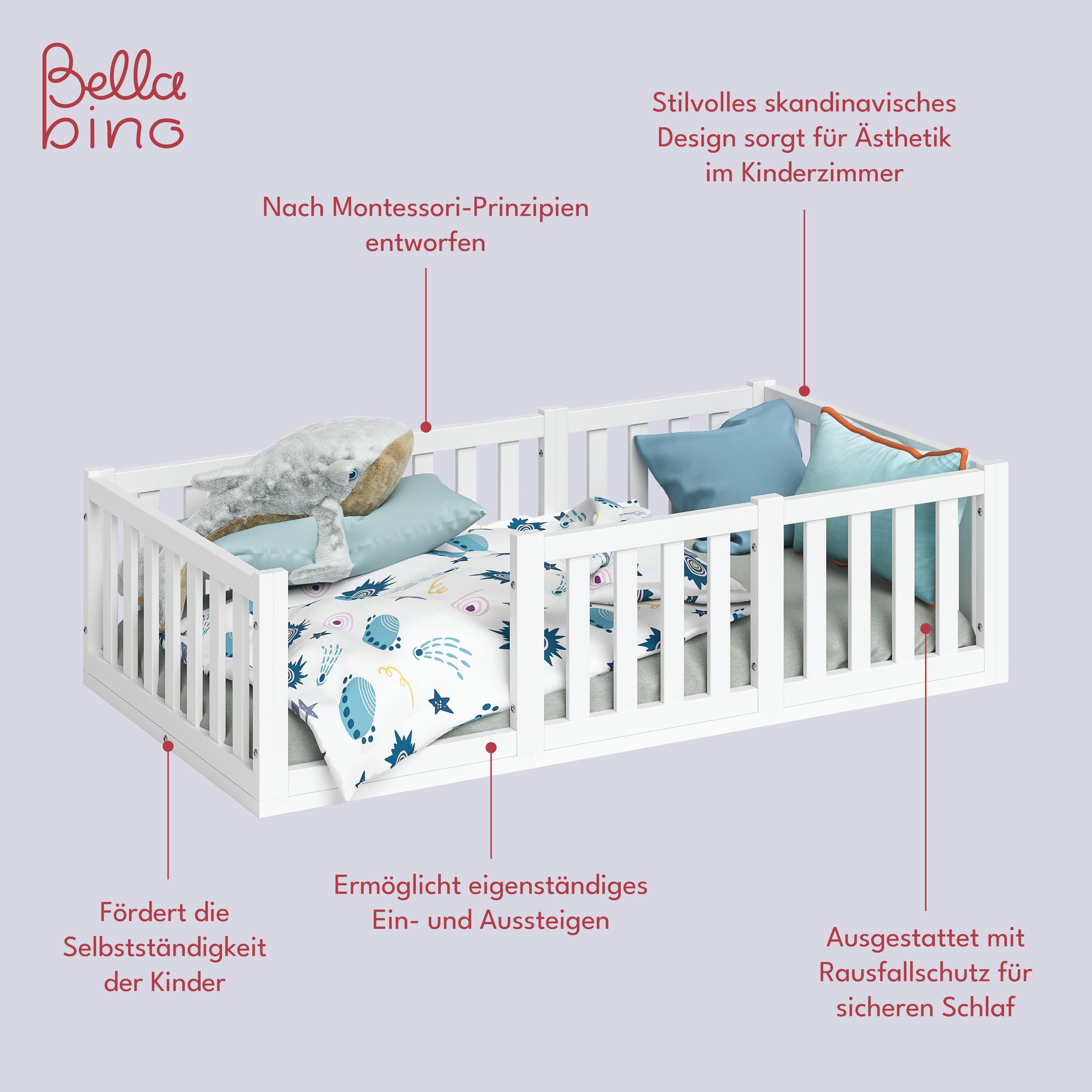 Bellabino Tapi Bett 80x160 cm, Kinderbett mit Rausfallschutz, inklusive Lattenrost, Montessori Bodenbett für Jungen und Mädchen aus Kiefer Massivholz, weiß lackiert, Bed
