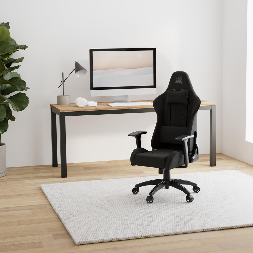 Corsair TC100 Relaxed-Gaming-Stuhl – Stoff – Vom Rennsport inspiriertes Design – Lendenkissen – Abnehmbares Nackenkissen aus Memory-Schaumstoff – Verstellbare Armlehnen – Schwarz