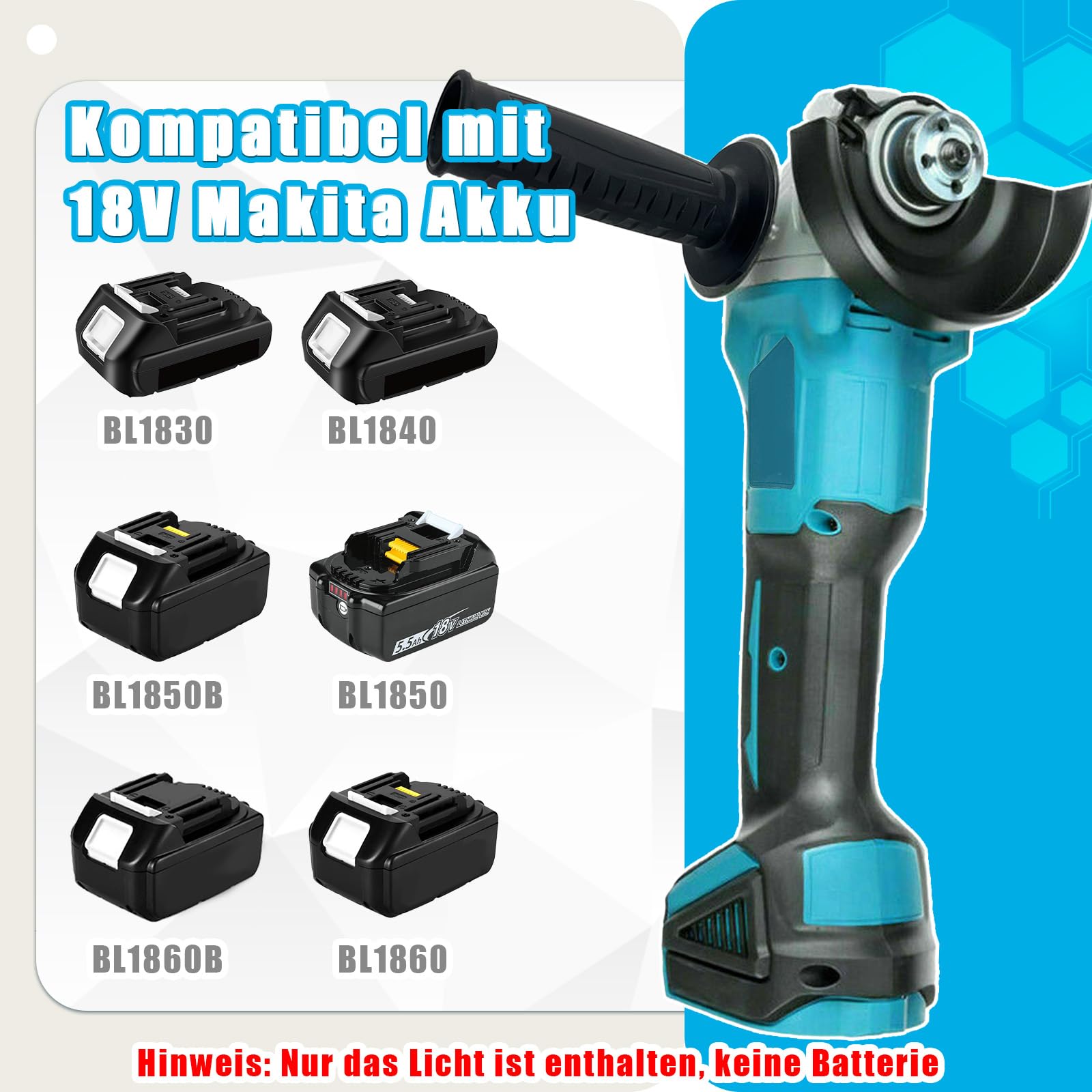 ANUPTTA - Akku Winkelschleifer Ø125mm 10000 U/min für 18V Makita Akkus - Bürstenloser Motor, Akku Flex Trennschleifer Zum Schneiden, Schleifen, Polieren（Nur Gehäuse）