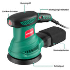 HYCHIKA Exzenterschleifer, 300W Schleifmaschine mit Absaugung für Holz, 6 Geschwindigkeiten 6000-13000 U/min, mit 12pcs Schleifpapier 125mm klett, Staubfangbehälter
