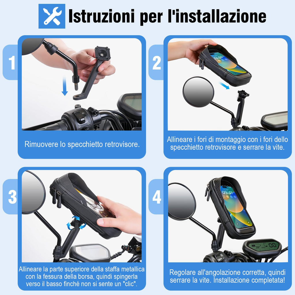 WACCET Handyhalterung Motorrad Wasserdicht, Motor Halterung 360° Drehbarer Handyhalter für Motorrad Spiegel mit Sonnenblende Touch ID Roller Handyhalterung für Smartphone is zu 7,2" (Schwarz)