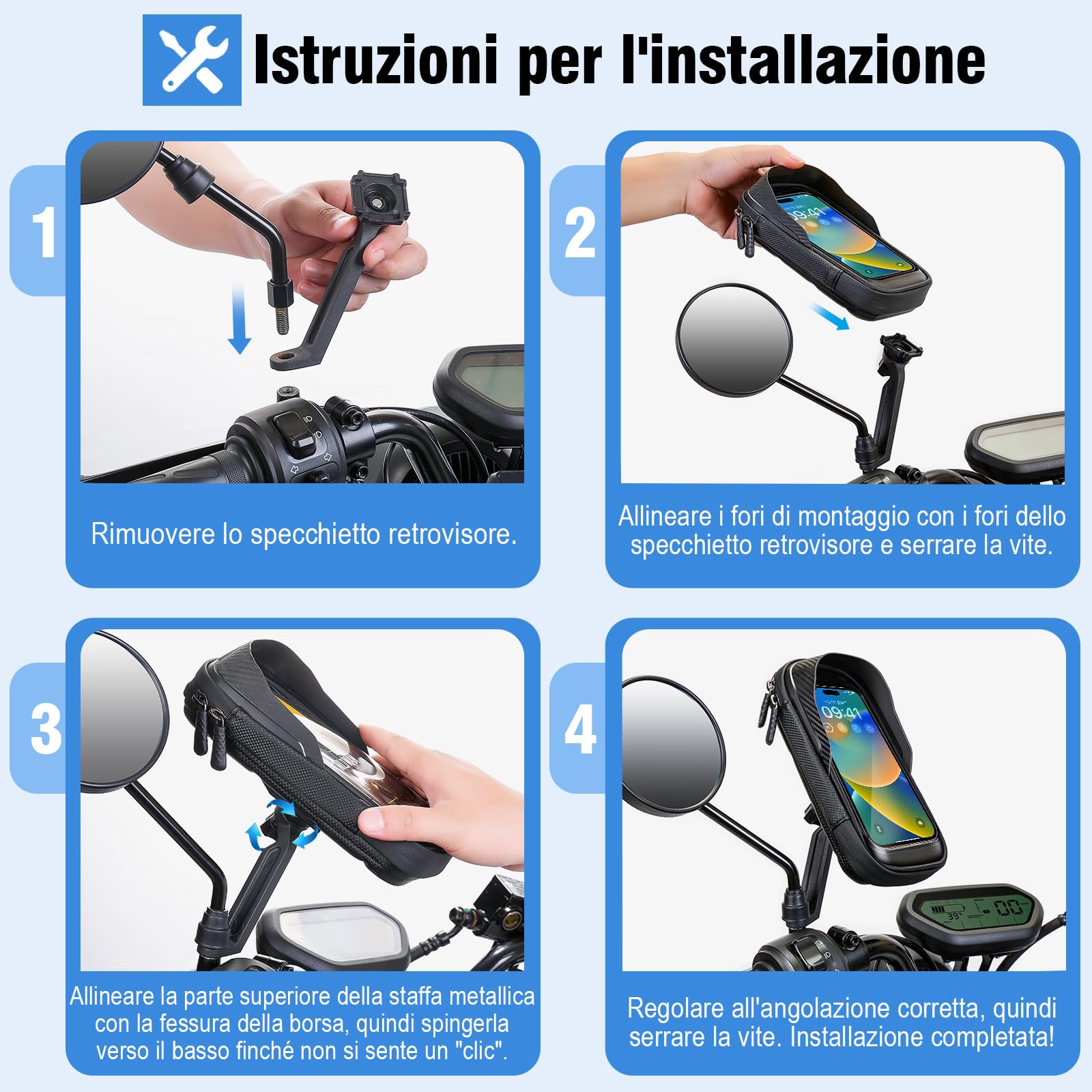 WACCET Handyhalterung Motorrad Wasserdicht, Motor Halterung 360° Drehbarer Handyhalter für Motorrad Spiegel mit Sonnenblende Touch ID Roller Handyhalterung für Smartphone is zu 7,2" (Schwarz)