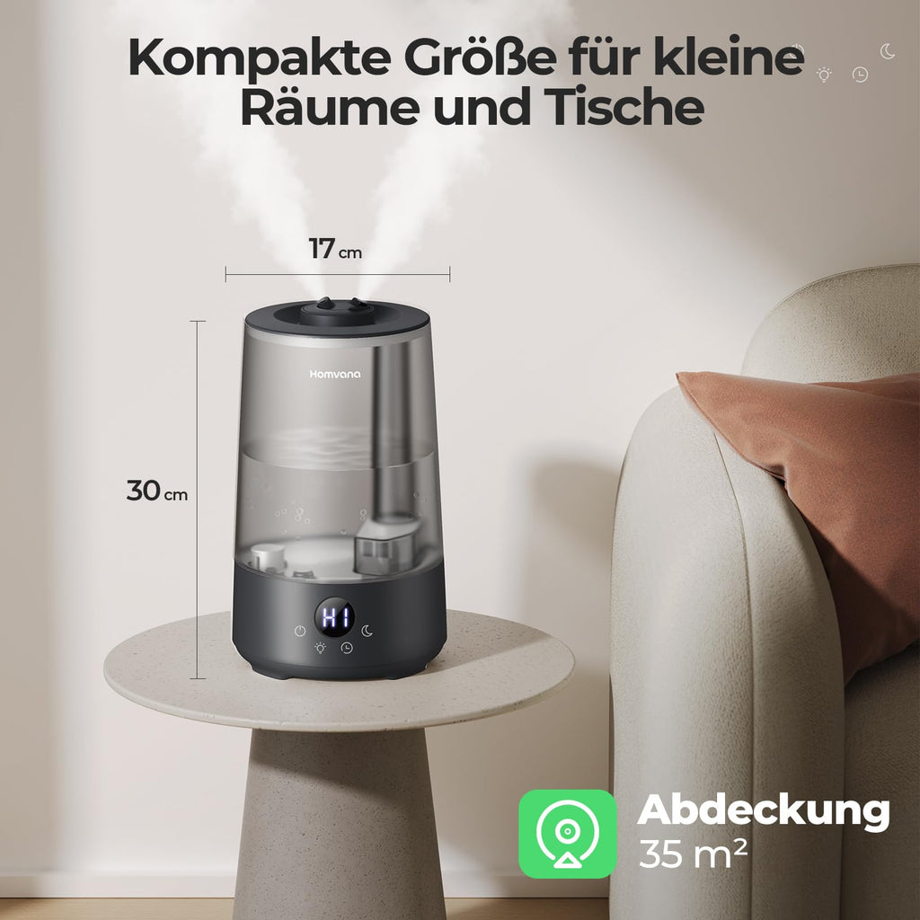 Homvana Luftbefeuchter Schlafzimmer Top-Fill, 3.6L 360°Cool Mist 34H Dauerhaft, Ruhig 16dB (SilentSpary Tech) Klein, Luftbefeuchter Pflanzen, Growtent, Pflanzenbefeuchter, Humidifier Plants (Schwarz)