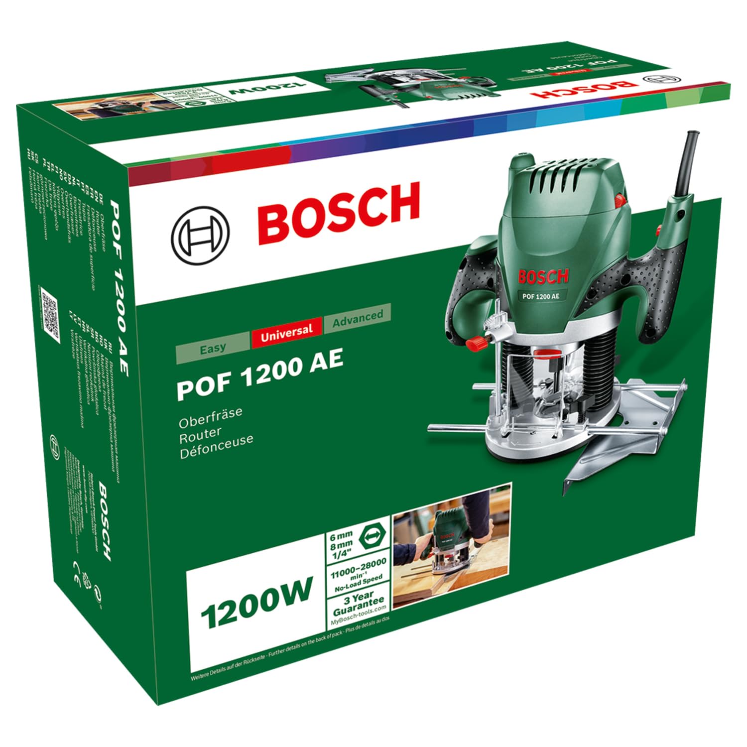 Bosch Oberfräse POF 1200 AE (1200 Watt, inkl. Zubehör für präzise Holzbearbeitung, für unterschiedliche Holzarten)