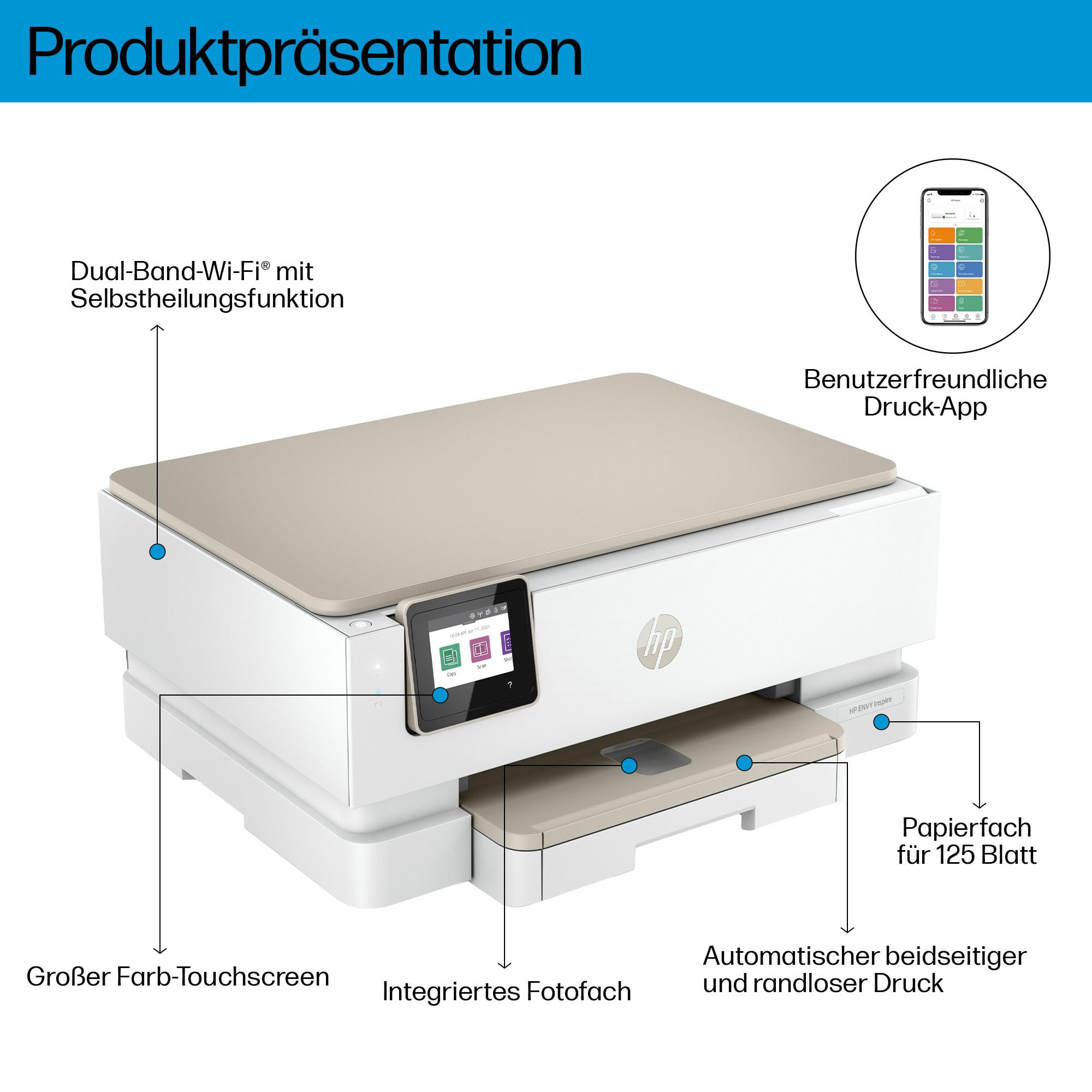 HP Envy Inspire 7220e Multifunktionsdrucker, Tintenstrahldrucker, 6 Monate gratis drucken Instant Ink inklusive, Drucken, Scannen, Kopieren, Fotodruck, DIN A4, WLAN, Airprint