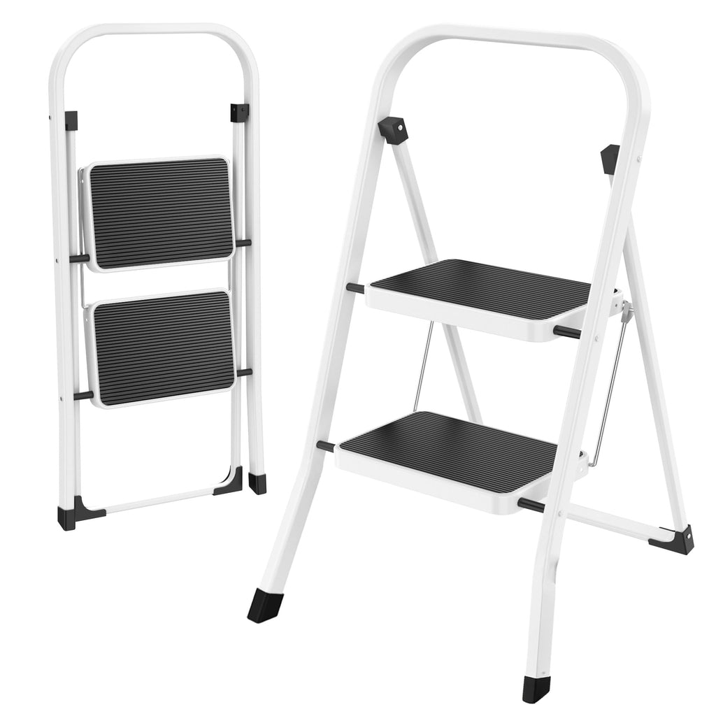 HBTower Trittleiter 2 Stufen klappbar, Faltbare Leiter aus Stahllegierung, rutschfeste Pedale, nur 4,5 cm dünn gefaltet, 150 kg belastbar, kein Aufbau nötig – für Küche, Garage & Büro