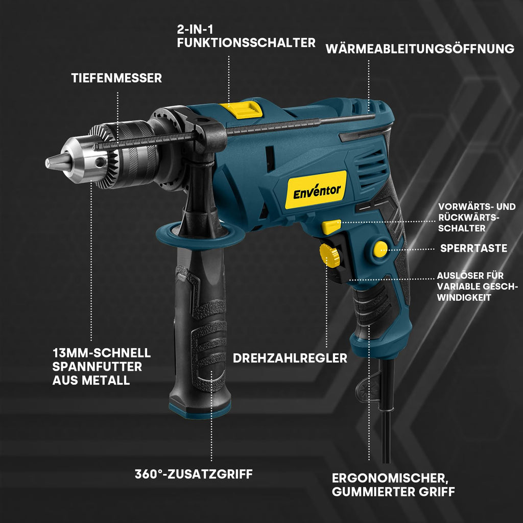ENVENTOR 900W Schlagbohrmaschine, Elektrische Bohrmaschine mit 36 Stück Zubehör, 2-in-1 Funktion, 0–3000 RPM, 360° Zusatzgriff, 13mm Bohrfutter, für Beton, Metall und Holz