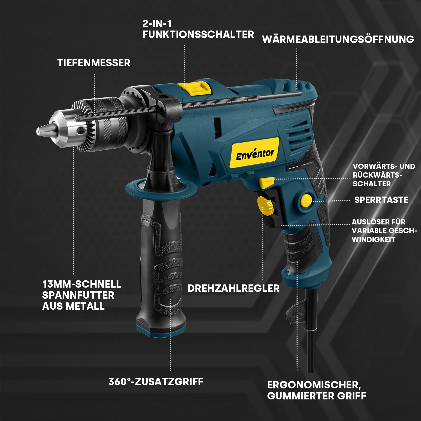 ENVENTOR 900W Schlagbohrmaschine, Elektrische Bohrmaschine mit 36 Stück Zubehör, 2-in-1 Funktion, 0–3000 RPM, 360° Zusatzgriff, 13mm Bohrfutter, für Beton, Metall und Holz
