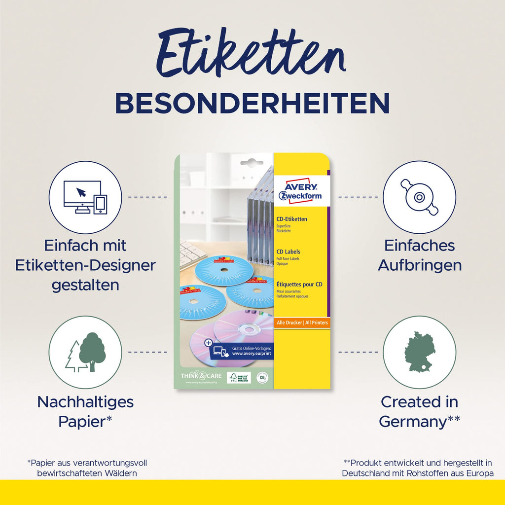 AVERY Zweckform L7676-100 selbstklebende CD-Etiketten (200 blickdichte CD-Aufkleber, Ø 117mm auf A4, SuperSize, Papier matt, bedruckbare Klebeetiketten für alle A4-Drucker) 100 Blatt, weiß