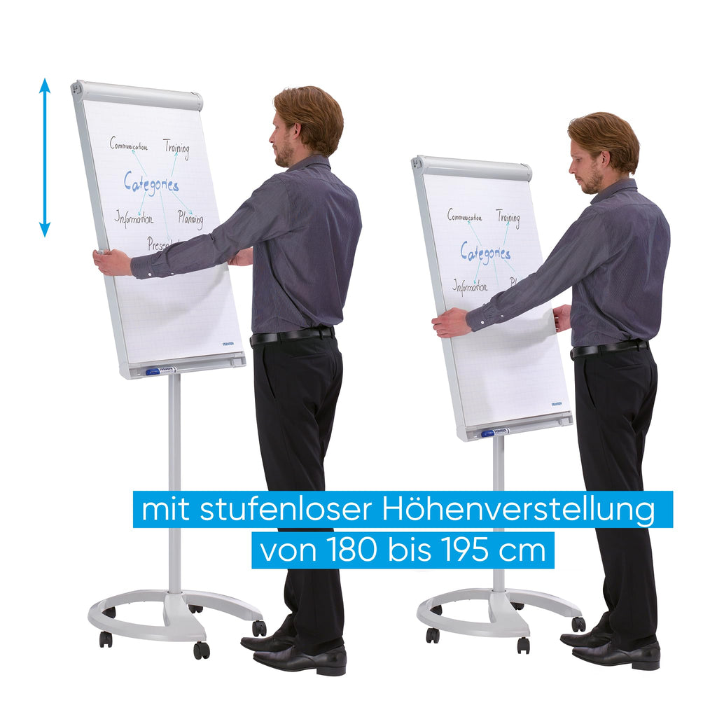 FRANKEN Flipchart, Beschreibbar, Magnetisch, Mobil, Mit Rollen und 2 Seitenarmen, Whiteboard mit Ständer, Papierhalterung und Stifteablage, 67 x 95 cm, PRO Deluxe Mobil, FC81