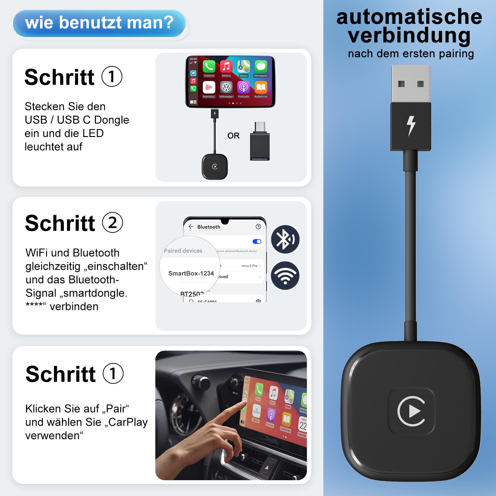 für Apple CarPlay Wireless Adapter, Superschnelle Upgrade von Wired auf Wireless, Plug und Play, Stabile Verbindung, kompatibel mit iPhone iOS 10+ & Autos mit Wired CarPlay
