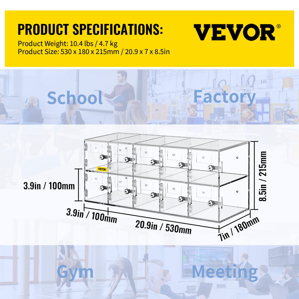 VEVOR Handy-Aufbewahrungsspind, 10 Fächer aus Acrylmaterial mit Türschlössern und Schlüsseln, Wandschrank, Taschenbüro, Klassenzimmer, Fitnessstudio, Box, Transparent