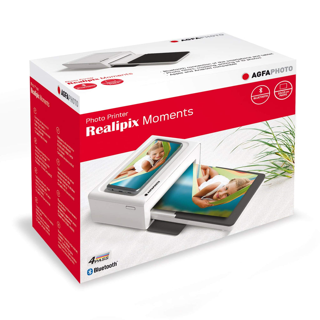 AgfaPhoto Realipix Moments AMO46 – 10x15 cm Smartphone-Fotodrucker, Bluetooth für Apple und Android Smartphones, 4Pass Thermosublimation – Weiß