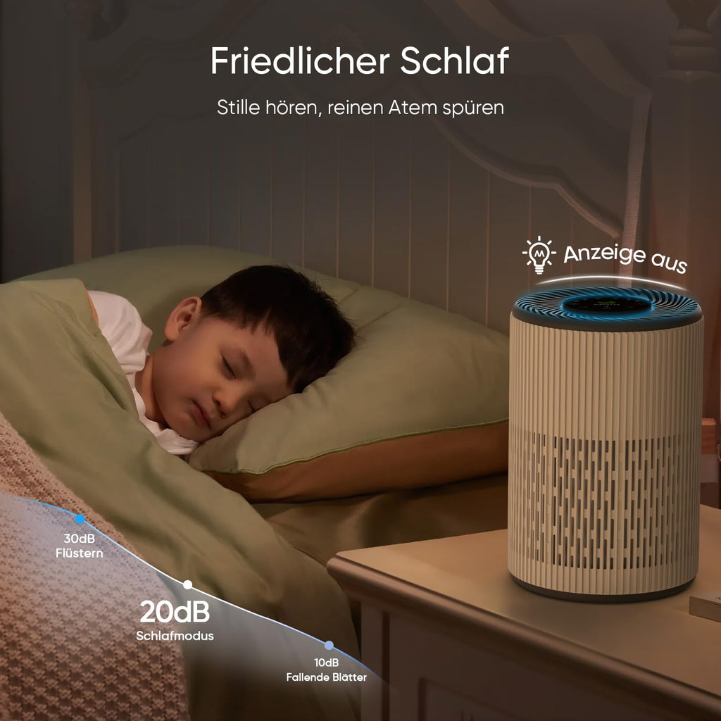 DAYETTE Tragbarer Luftreiniger für Allergiker mit Duftschwamm und blauem Nachtlicht, Timer, Ruhemodus (20 dB), HEPA-Luftfilter gegen Schimmel, Staub, Pollen, Gerüche, Tierhaare