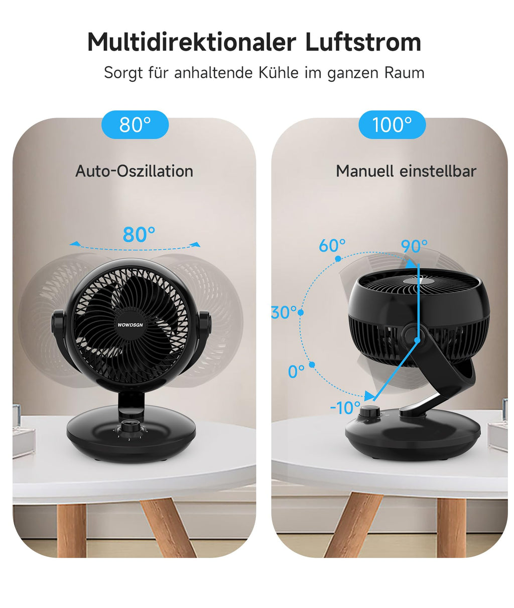 WOWDSGN Ventilator Leise, Tischventilator 24dB, Leistungsstarker 3D Turbo-Luftzirkulator - 100° & 80° Oszillation - 3 Geschwindigkeitsstufen für Schlafzimmer Wohnzimmer Büro Küchen - Schwarz