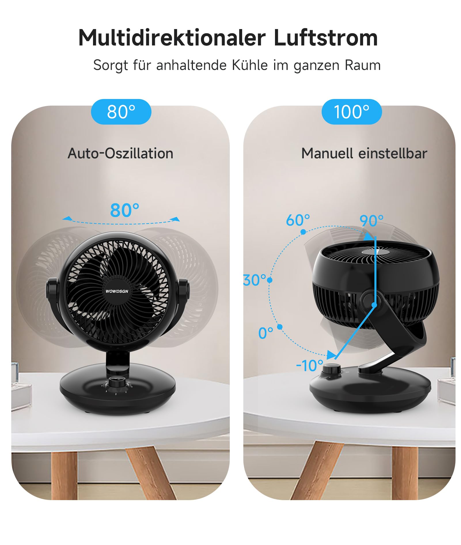 WOWDSGN Ventilator Leise, Tischventilator 24dB, Leistungsstarker 3D Turbo-Luftzirkulator - 100° & 80° Oszillation - 3 Geschwindigkeitsstufen für Schlafzimmer Wohnzimmer Büro Küchen - Schwarz