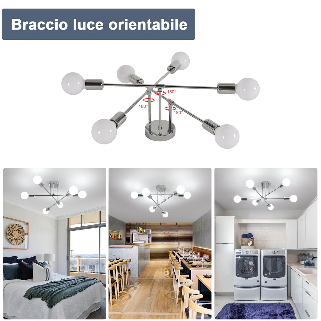 Comely Vintage Deckenlampe Industriell, 6 Flammig E27 Retro Wohnzimmerlampe Modern Chrom, Deckenleuchte Metall Design für Küche Wohnzimmer Schlafzimmer