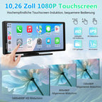 Carpuride V92 Tragbares Autoradio Kabellos Carplay & Android Auto, 10,26 Zoll 1080P HD Touchscreen Radio mit BT 5.0, Mirror Link Halterung Truck RV Armaturenbrett