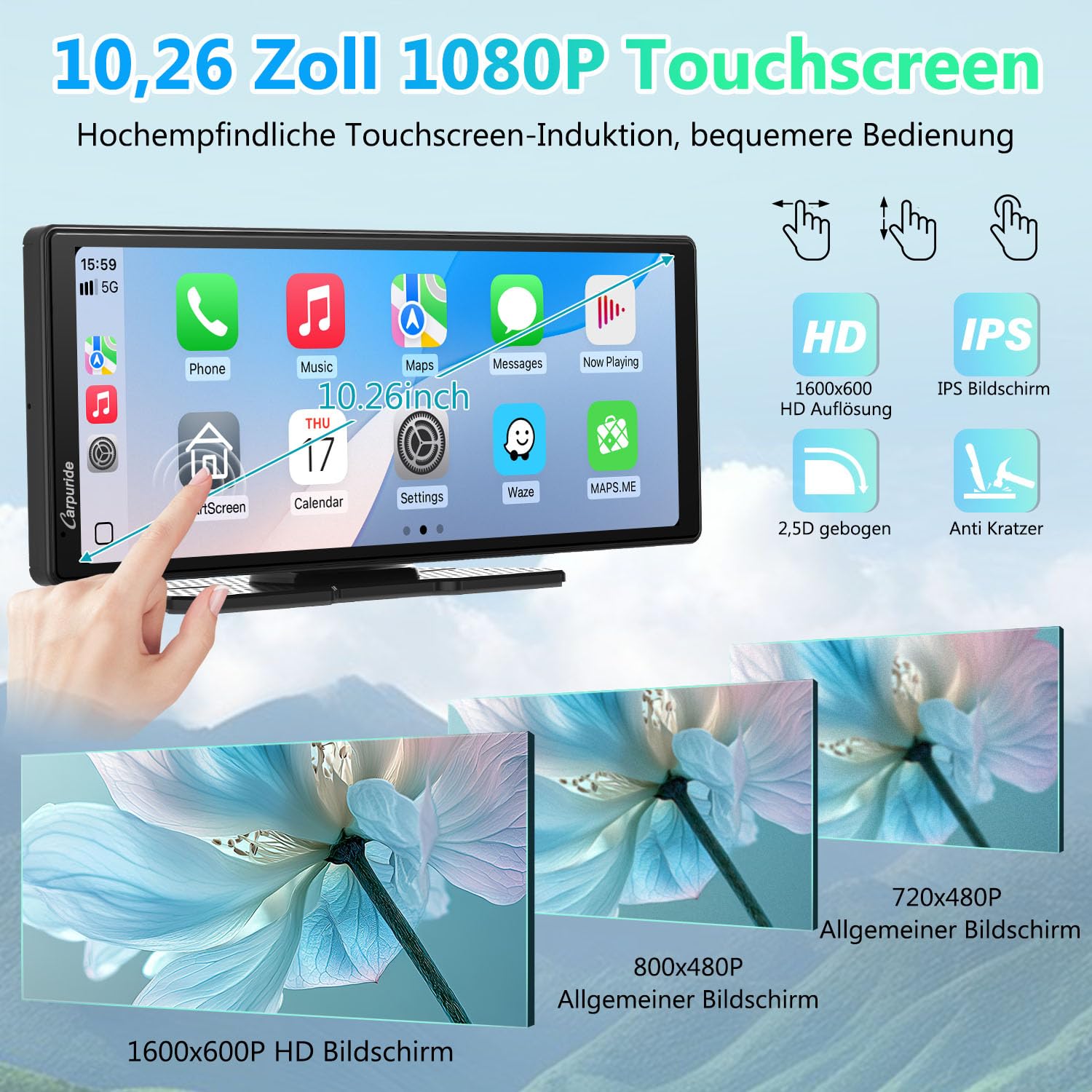 Carpuride V92 Tragbares Autoradio Kabellos Carplay & Android Auto, 10,26 Zoll 1080P HD Touchscreen Radio mit BT 5.0, Mirror Link Halterung Truck RV Armaturenbrett