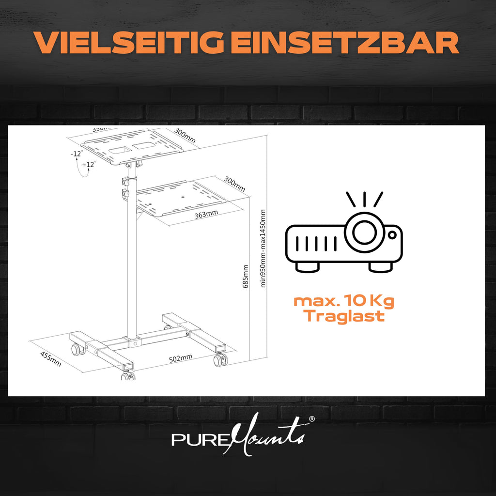 PureMounts PM-PCART-10 - Neigbarer Projektionswagen/Projektionstisch für Beamer und Projektor, flexibel einstellbar (950mm bis 1450mm), feststellbare Rollen, Tragkraft 10kg, Farbe schwarz