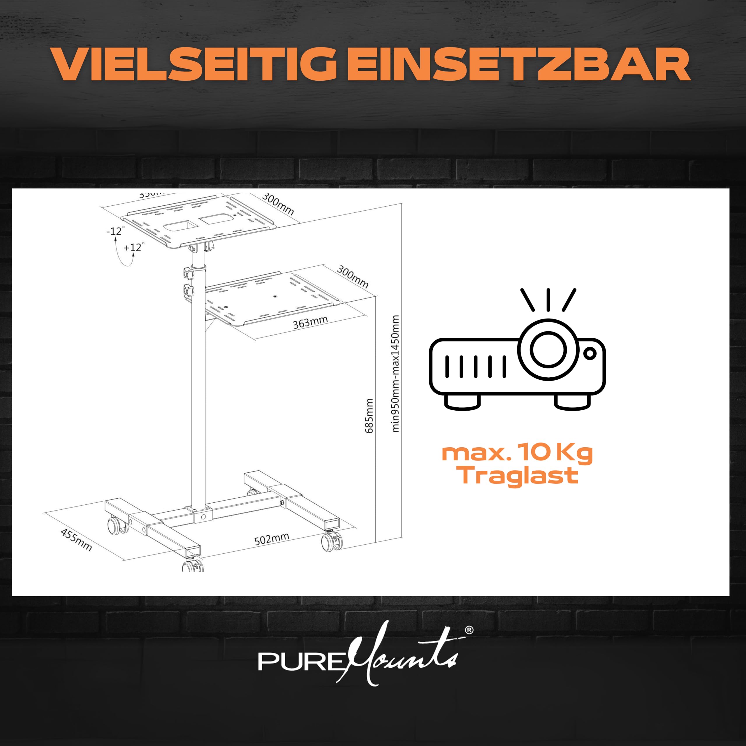 PureMounts PM-PCART-10 - Neigbarer Projektionswagen/Projektionstisch für Beamer und Projektor, flexibel einstellbar (950mm bis 1450mm), feststellbare Rollen, Tragkraft 10kg, Farbe schwarz