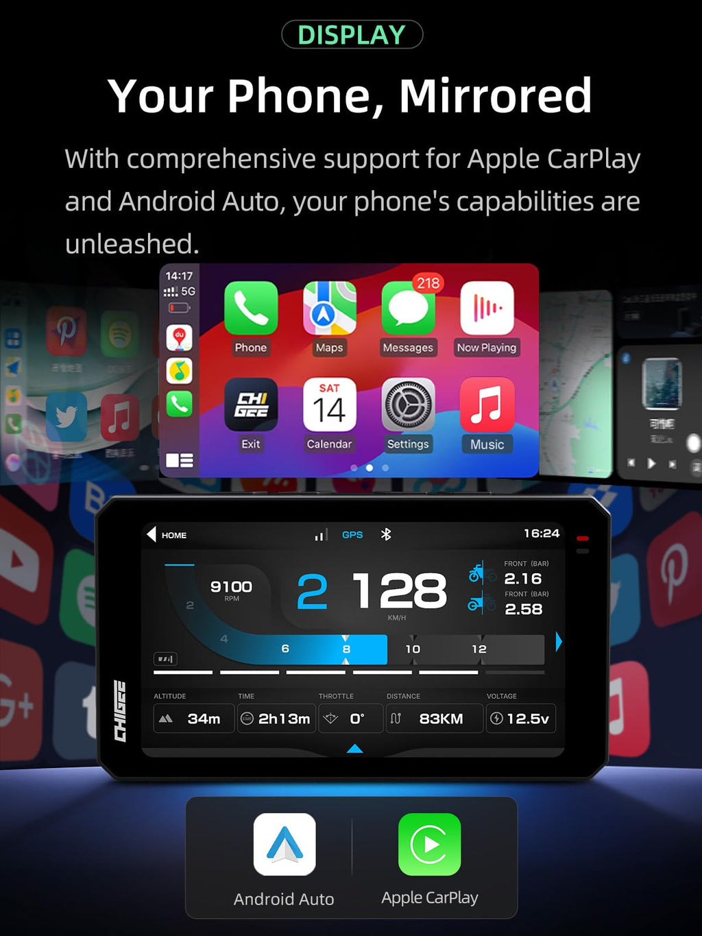 CHIGEE AIO-6 MAX Motorcycle Carplay Android Auto GPS Navigation System, BSD, STARVIS HDR 5" LCD, 60FPS,5G Wi-Fi BT, IPX9 Waterproof, Support Siri Google Assistant, 24H Parking Mode, Dedicated App