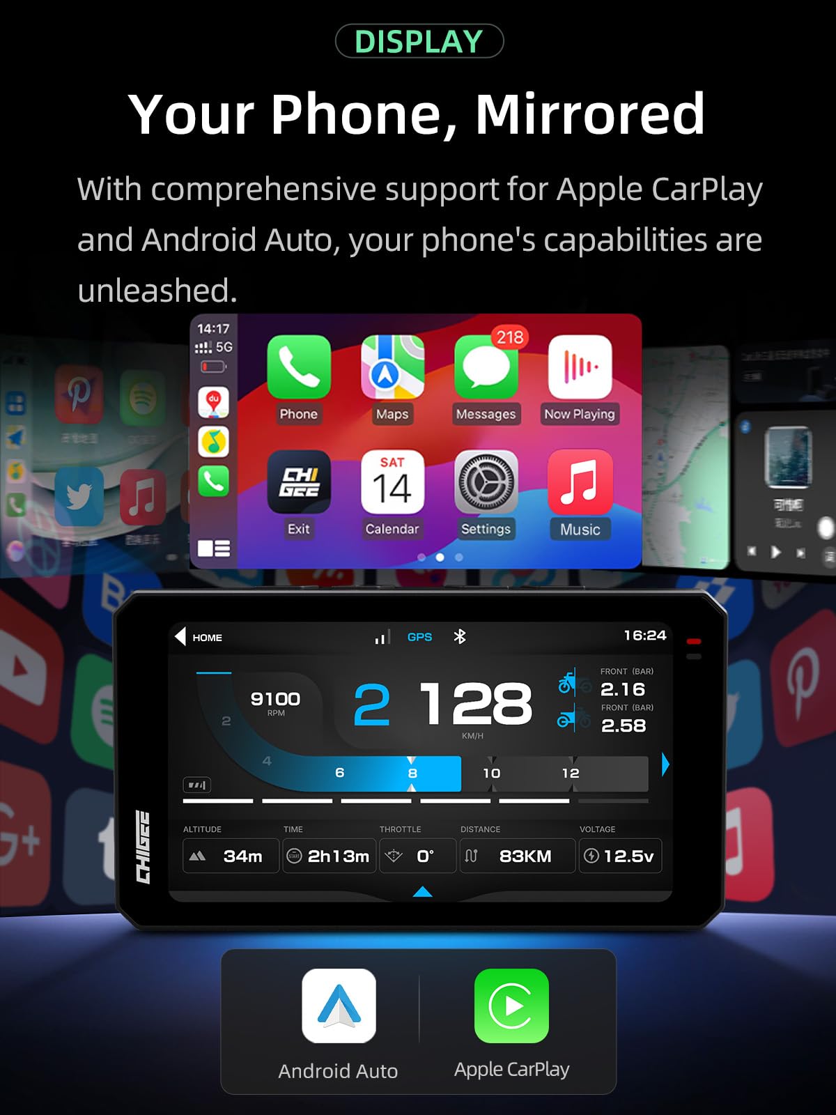CHIGEE AIO-6 MAX Motorcycle Carplay Android Auto GPS Navigation System, BSD, STARVIS HDR 5" LCD, 60FPS,5G Wi-Fi BT, IPX9 Waterproof, Support Siri Google Assistant, 24H Parking Mode, Dedicated App