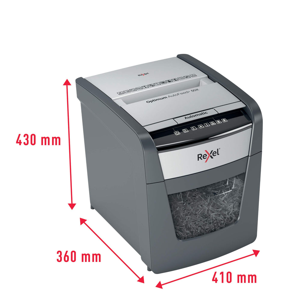 Rexel Optimum AutoFeed+ 50X Automatischer Aktenvernichter, 50 Blatt automatisch, Sicherheitsstufe P4, Partikelschnitt, für Zuhause / Home Office, 20 Liter Abfallbehälter, 2020050XEU