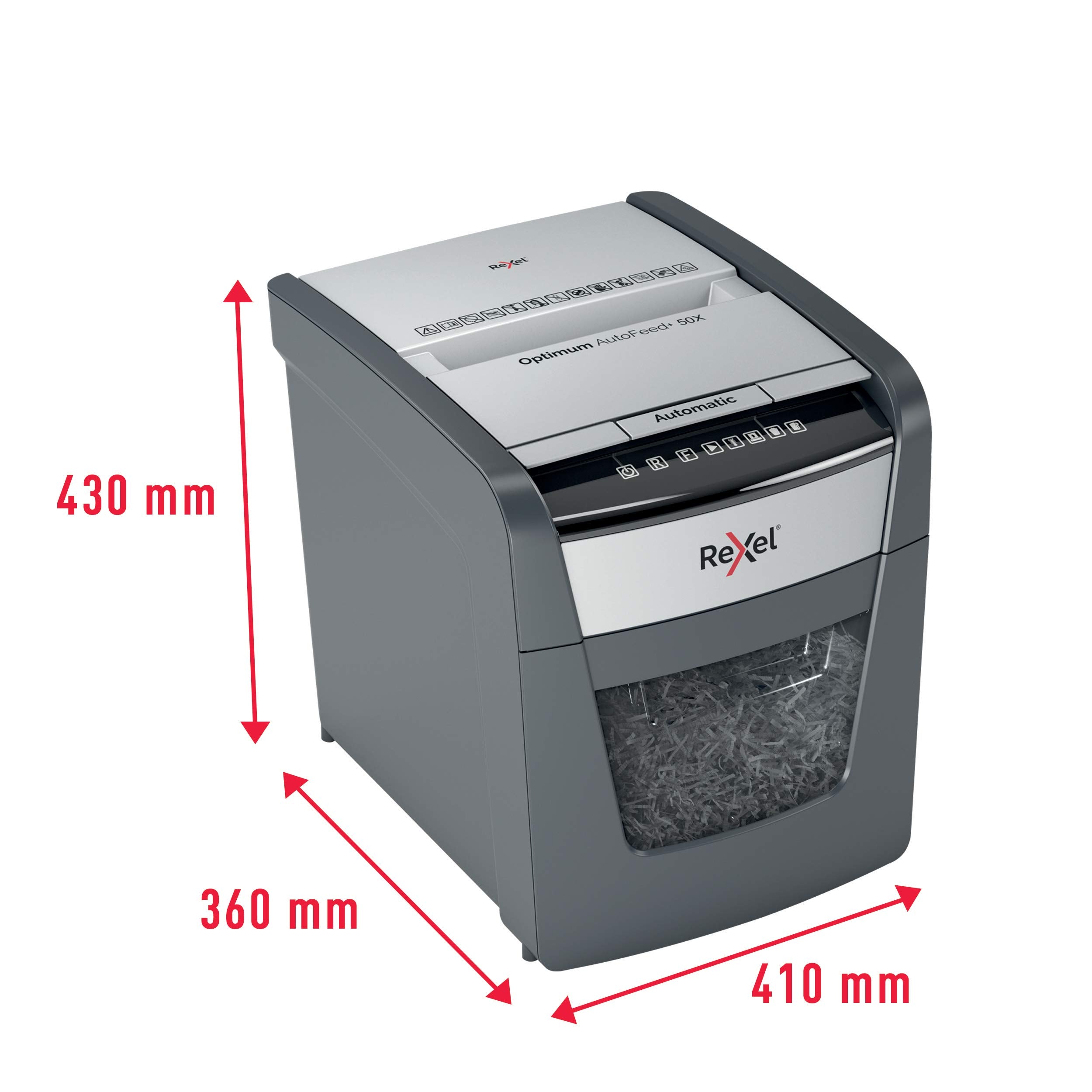 Rexel Optimum AutoFeed+ 50X Automatischer Aktenvernichter, 50 Blatt automatisch, Sicherheitsstufe P4, Partikelschnitt, für Zuhause / Home Office, 20 Liter Abfallbehälter, 2020050XEU