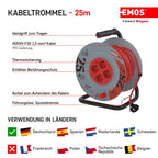 EMOS - Kabeltrommel 25m mit verstärktem Verlängerungskabel - 4 Schuko-Steckdosen - 230 V, 16 A, 3680 W - PVC-Isolierung - H05VV-F3G 2,5 mm2 - Überhitzungsschutz - IP20 für Innen