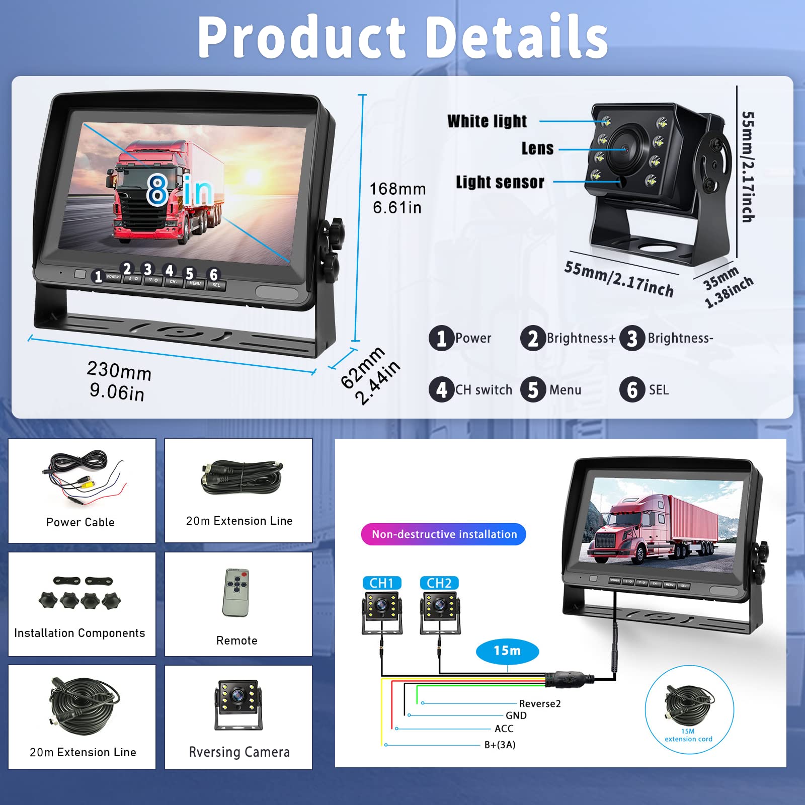 CAMECHO RV Rückfahrkamera Kit mit 8-Zoll-LCD-Monitor+ AHD 1080P Rückfahrkamera*2 mit Nachtsicht IP69 Wasserdicht für LKW/Anhänger/Bus/Van/Landwirtschaft mit 5m + 15m Kabel