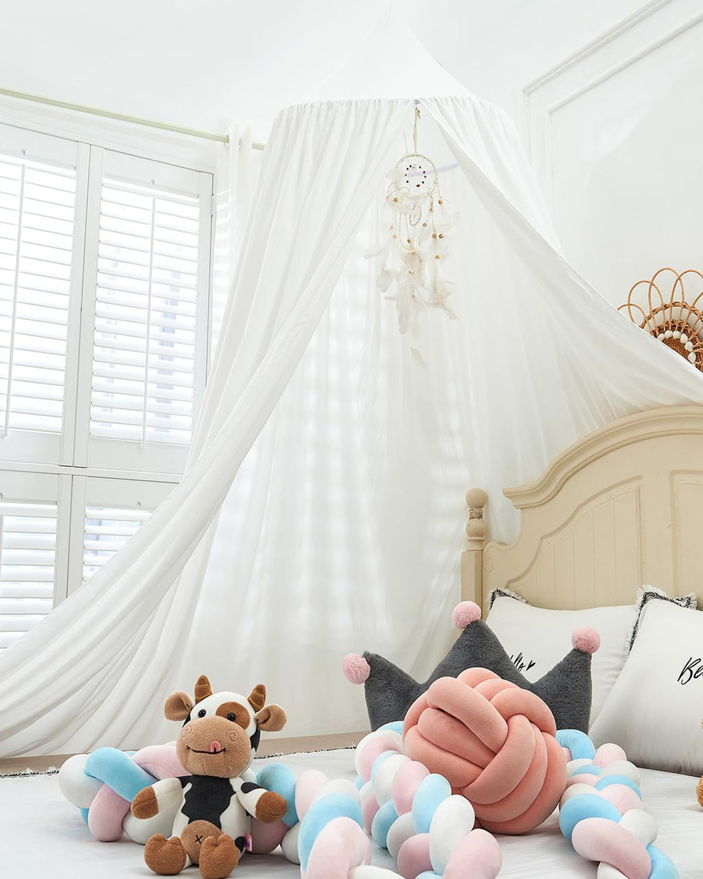 Surwin Moskitonetz Betthimmel Madchen Jungen Kinder Babybett, Rund Baldachin Mückennetz Einzelbett kinderzimmer Schlafzimmer Spiel für Reise Indoor Outdoor Dekoration - Weiß