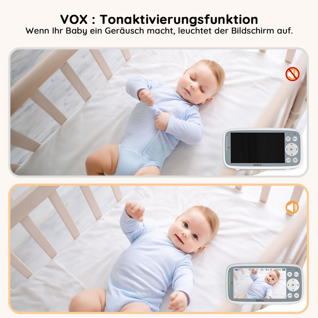 BOIFUN Babyphone mit Kamera, 4 Zoll 720P Monitor, Ohne WLAN, Nachtsicht, 11 Stunden Akkulaufzeit, Energiesparmodus, 2 Wege Audio, Schallerkennung, Temperaturerkennung, 3X Zoom, Schlaflieder