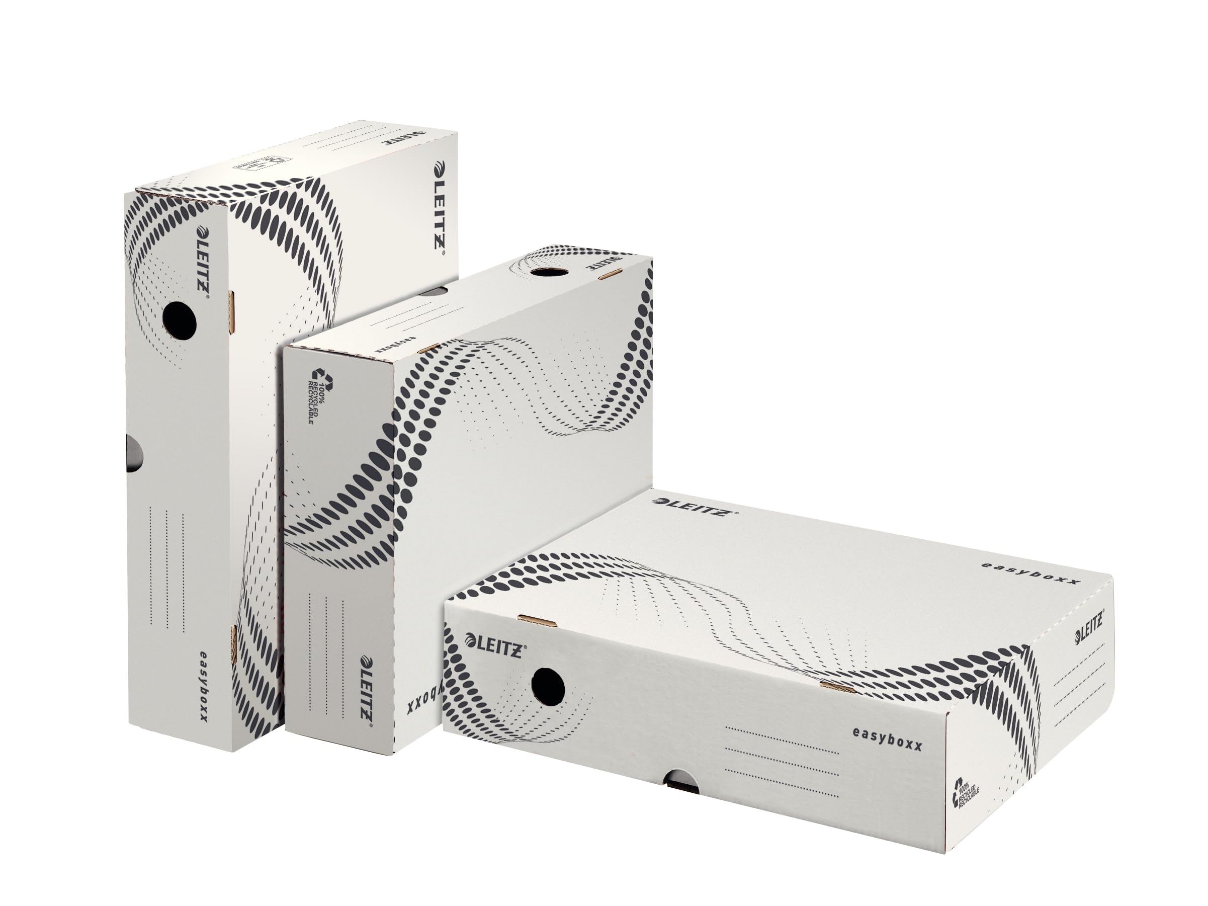 Leitz easyboxx Archiv-Klappschachtel, 80 mm Rückenbreite, Aktenkarton A4, Boxen zur Aufbewahrung mit Deckel an der Oberseite, Lagerbox mit geometrischem Design, 25 Stück, Weiß/Grau, 61340000