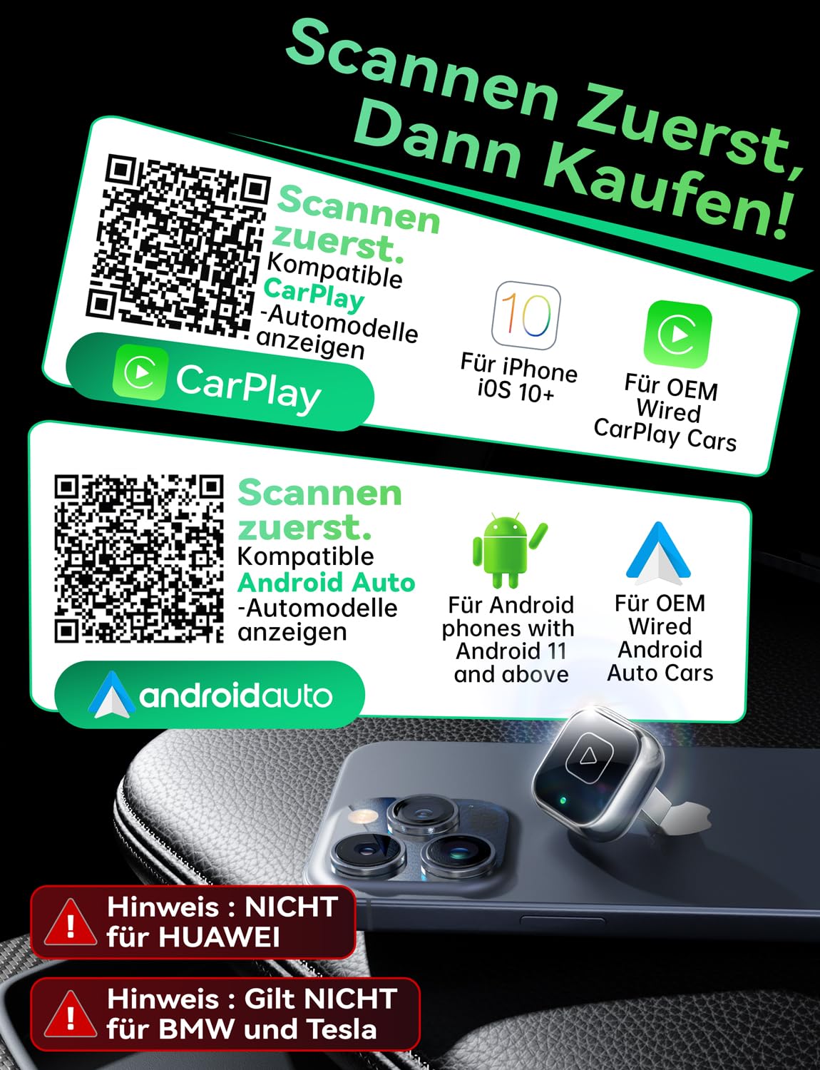 Wireless Carplay & Android Auto Adapter, Mavlou Metalldesign Mini & Stabiler 2-in-1-Dongle, Convert Wired CarPlay/Android Auto zu Wireless, für iOS 10+/Android 11+ & Autos ab 2016 (Schwarz)