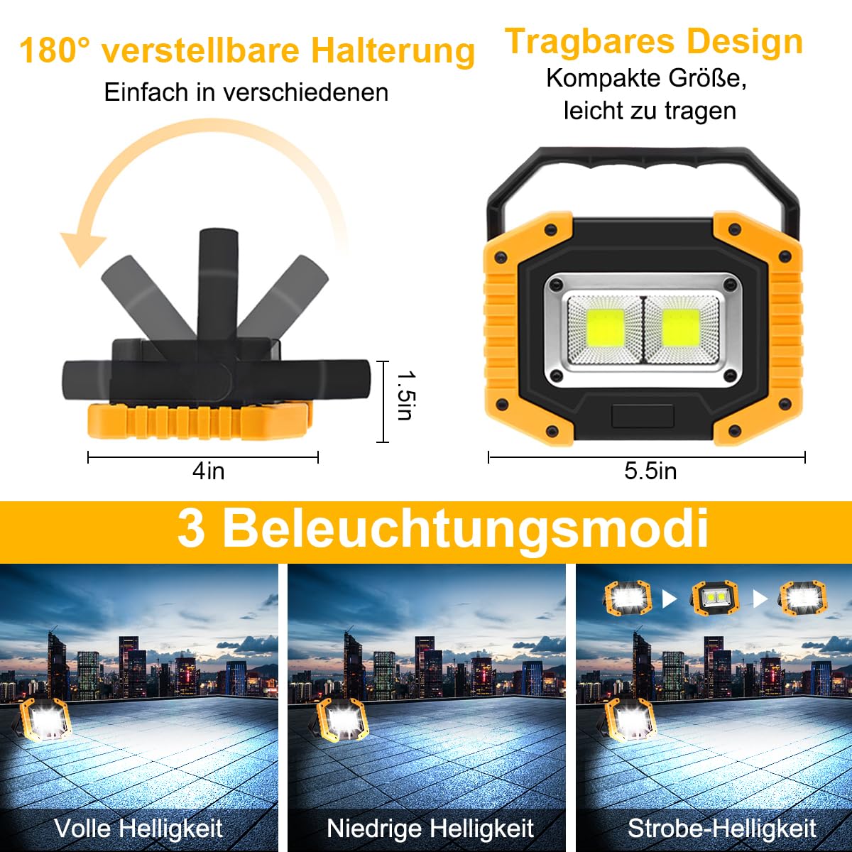 30W LED Akku Strahler Baustrahler Wiederaufladbare Superhell 2000 Lumen Arbeitsleuchte Wasserdichtes COB Arbeitsleuchte USB Campinglampe für Garage Outdoor Camping Angeln Notfall Baustellen, 2 Stück