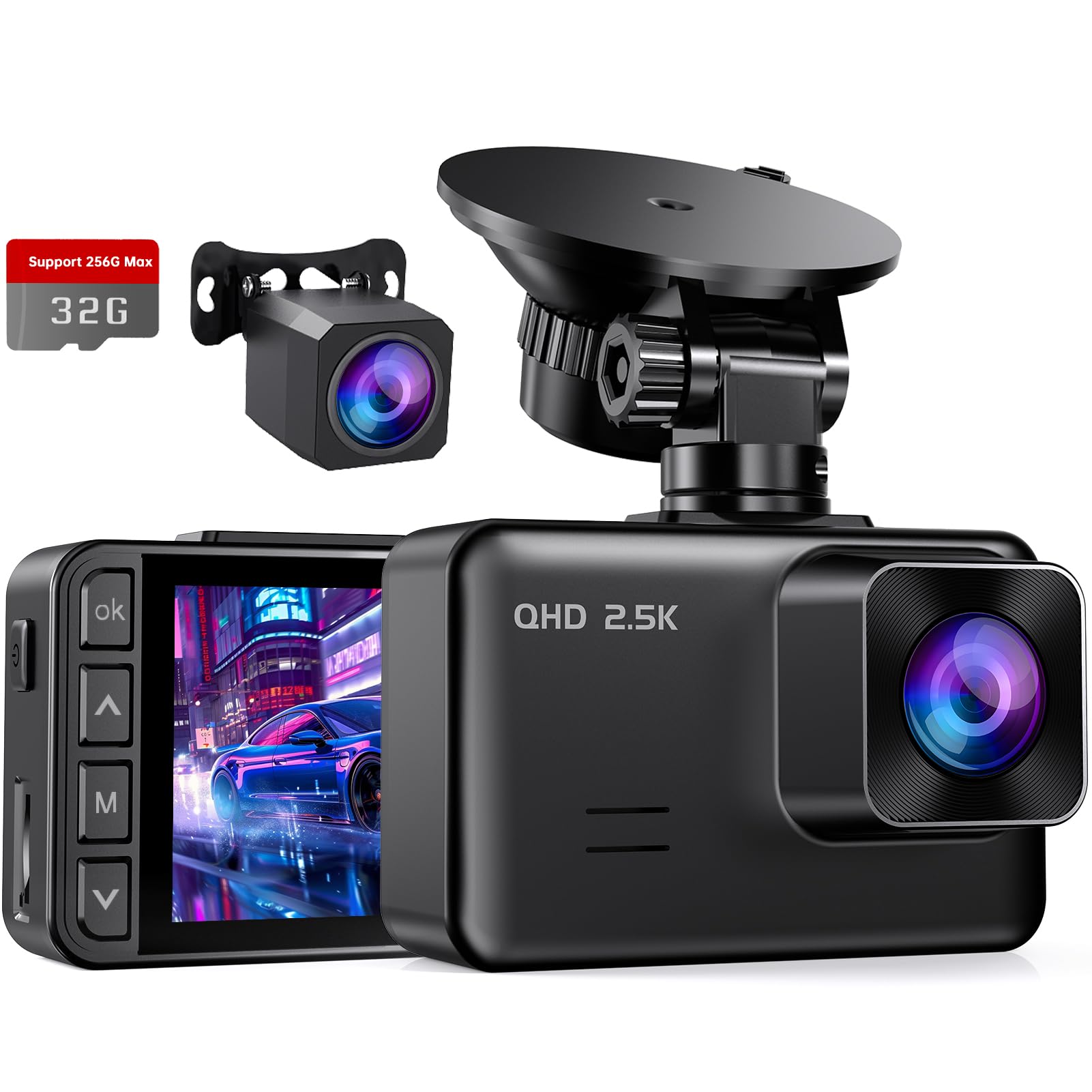 Dashcam Auto Vorne Hinten, 2" IPS-Bildschirm Mini Auto Kamera, 2,5K+1080P Full HD Dash Cam für Autos mit G-Sensor, 170°Weitwinkel, 24H Parküberwachung, Loop-Aufnahme, Nachtsicht, 32-GB-Karte