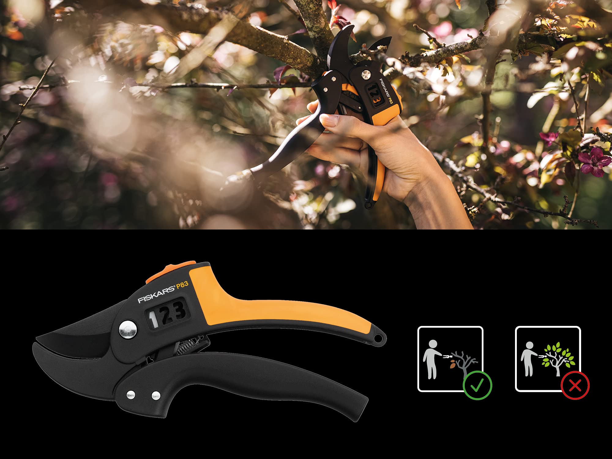Fiskars Amboss-Gartenschere für trockene Zweige und Äste, Antihaftbeschichtet, Hochwertige Stahl-Klingen, Länge: 19 cm, Schwarz/Orange, PowerStep, P83, 1000575
