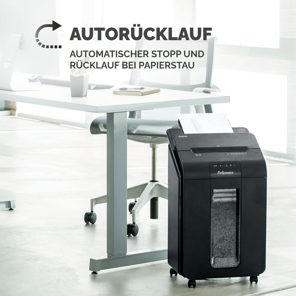 Fellowes Aktenvernichter Autofeed, 100 Blatt Minicut (P4), Papierschredder Hybrid mit automatischem und manuellem Einzug für Büro, AutoMax 100M Schredder, sehr leiser Aktenvernichter, 23L Papierkorb