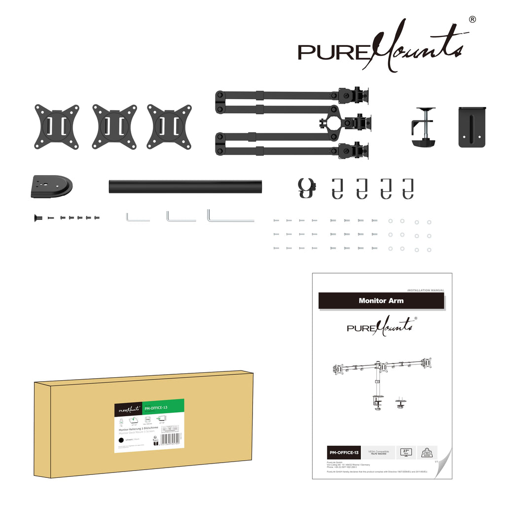 PureMounts Monitor Halterung, Monitorhalterung für 3 Bildschirme, 17 bis 27 Zoll, höhenverstellbar neigbar schwenkbar, VESA 75 und 100, Tischhalterung, Bildschirmhalter Triple, Schwarz