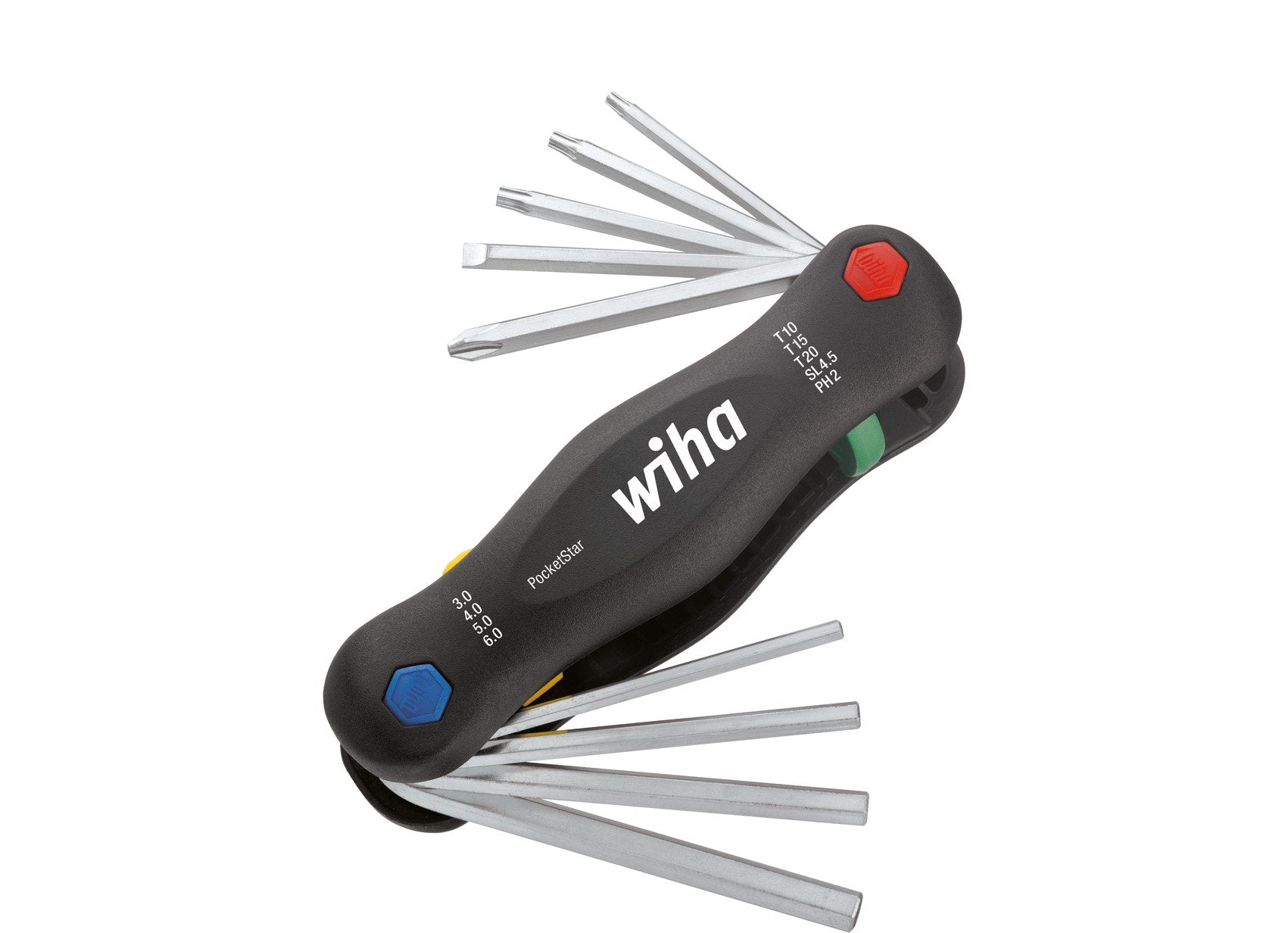 Wiha Multitool PocketStar® Innen-Sechskant, Schlitz, Phillips, TORX 9-tlg., per Tastendruck schneller Zugriff, als Längs- und Quergriff einsetzbar, all-in-one Werkzeug (25295)