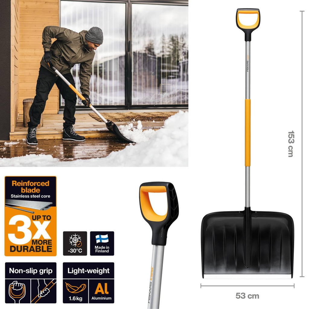 Fiskars Schneeräumer für große Schneemengen, X-series, Länge: 153,5 cm, Aluminium/Polymer, Schwarz/Orange/Grau, 1057178