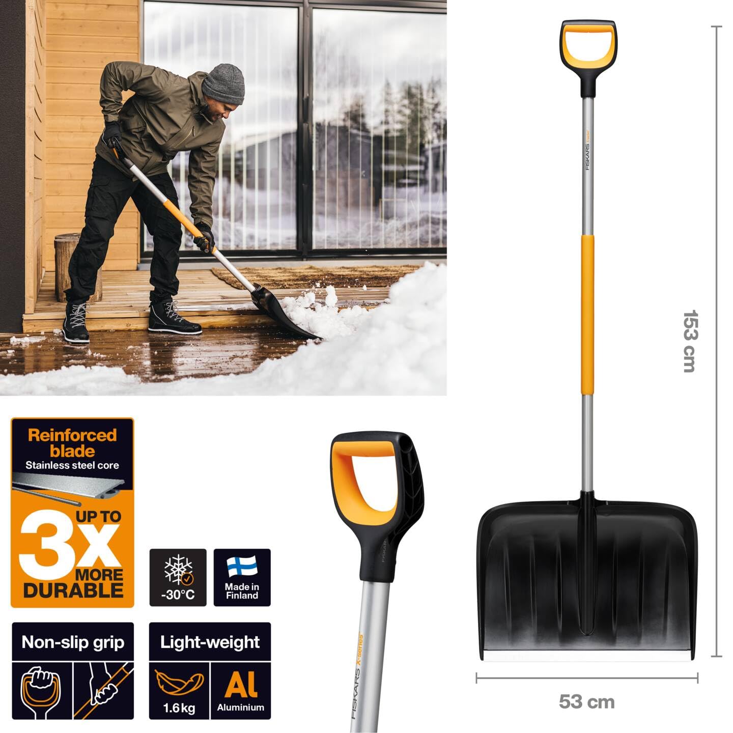 Fiskars Schneeräumer für große Schneemengen, X-series, Länge: 153,5 cm, Aluminium/Polymer, Schwarz/Orange/Grau, 1057178